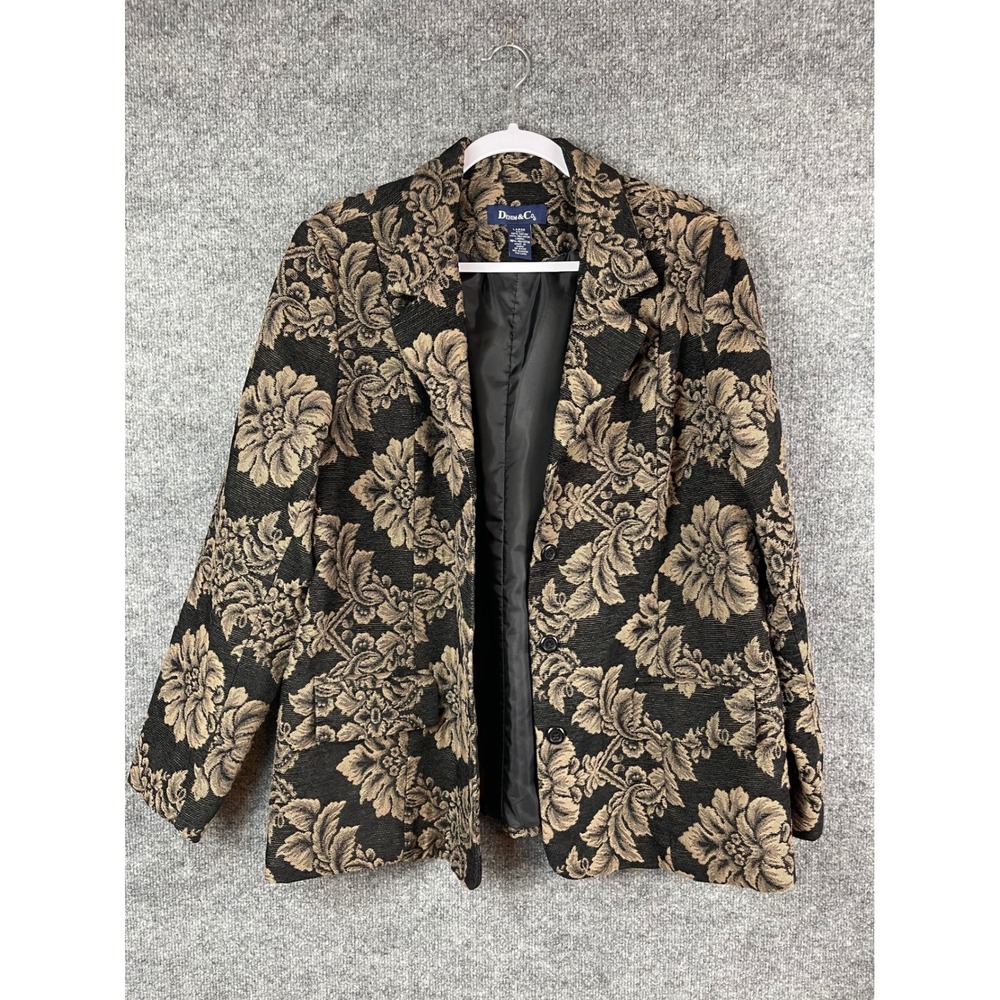 Denim & Co Blazer Women Large Black Tan Floral Tapestry Jacquard Jacket